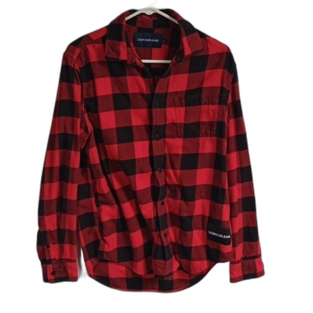 Calvin Klein Jeans Men's Red Plaid Flannel Long Sleeve Button Up Shirt Medium